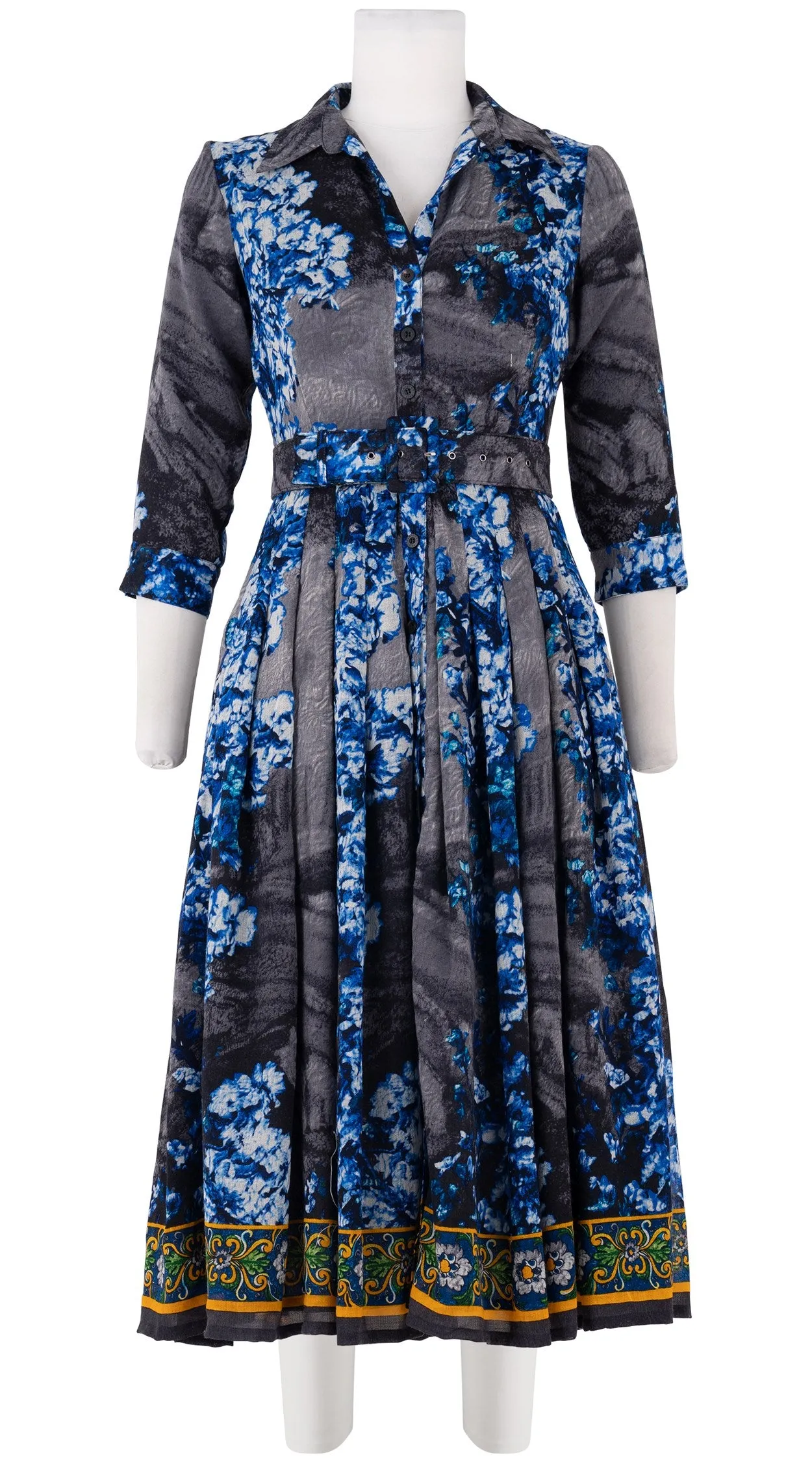 Audrey Dress #4 Shirt Collar 3/4 Sleeve Midi Length Wool Musola (Roman Dawn Border)