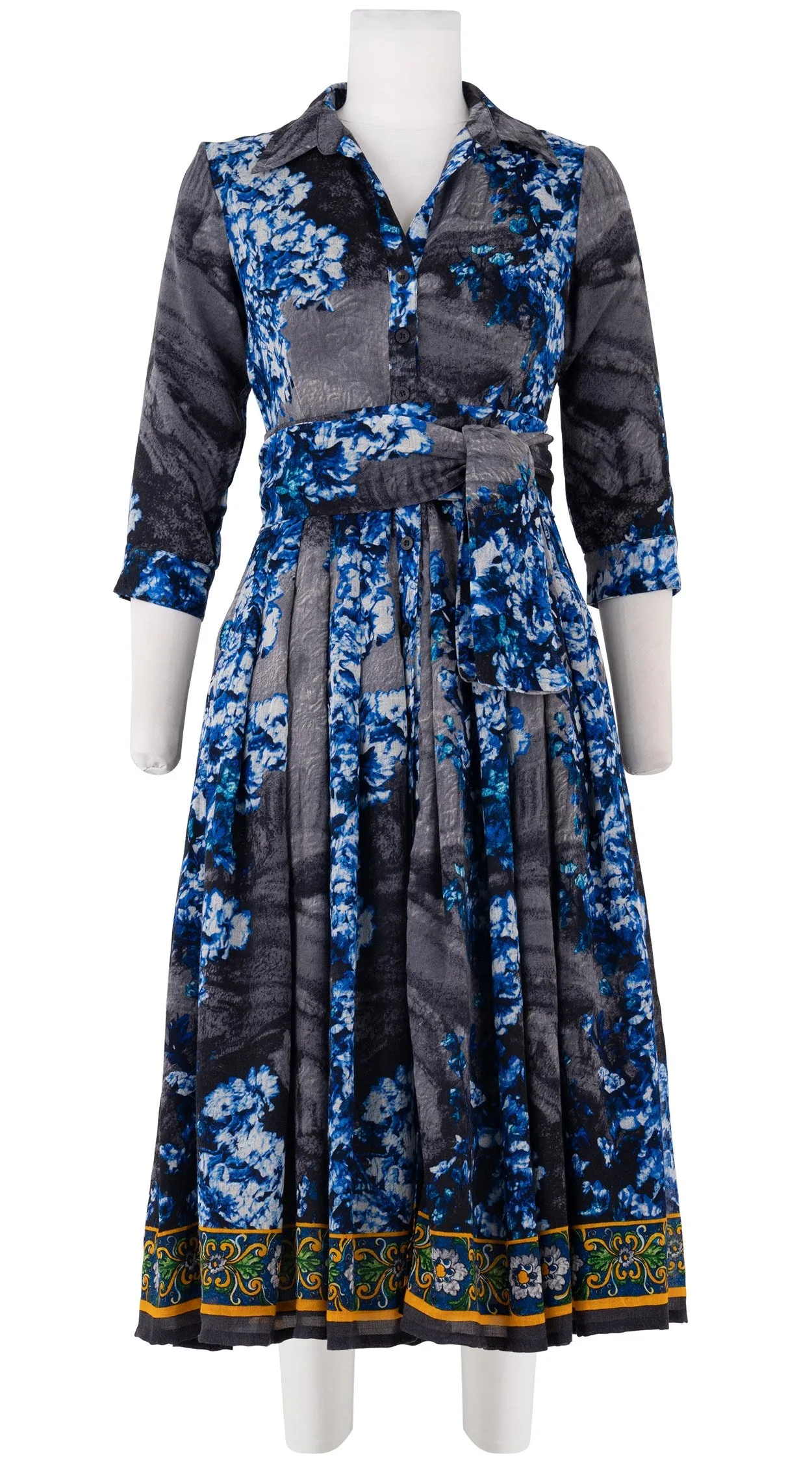 Audrey Dress #4 Shirt Collar 3/4 Sleeve Midi Length Wool Musola (Roman Dawn Border)