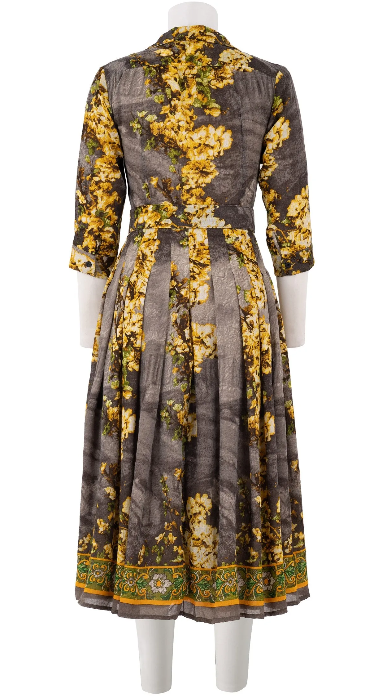 Audrey Dress #4 Shirt Collar 3/4 Sleeve Midi Length Wool Musola (Roman Dawn Border)