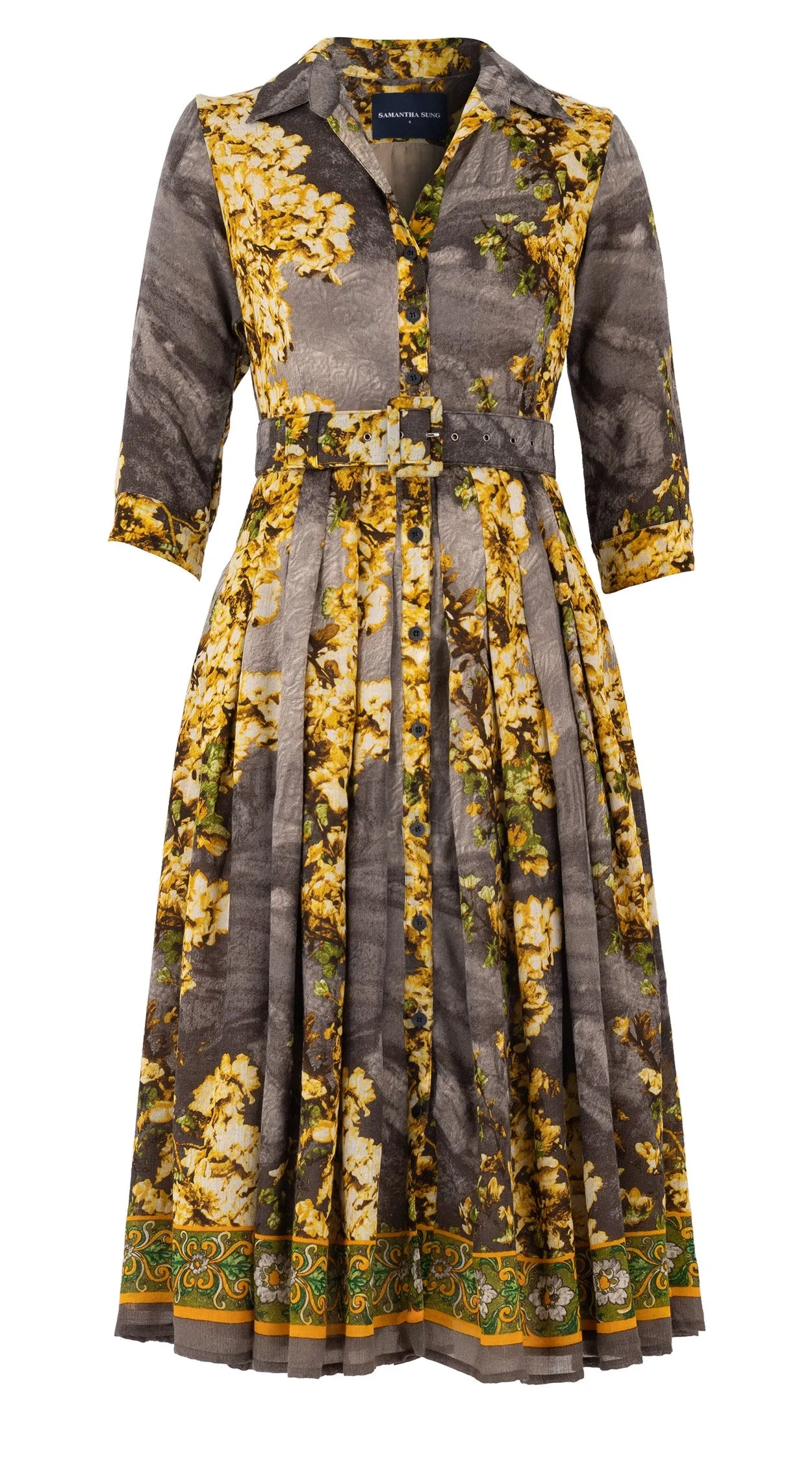 Audrey Dress #4 Shirt Collar 3/4 Sleeve Midi Length Wool Musola (Roman Dawn Border)