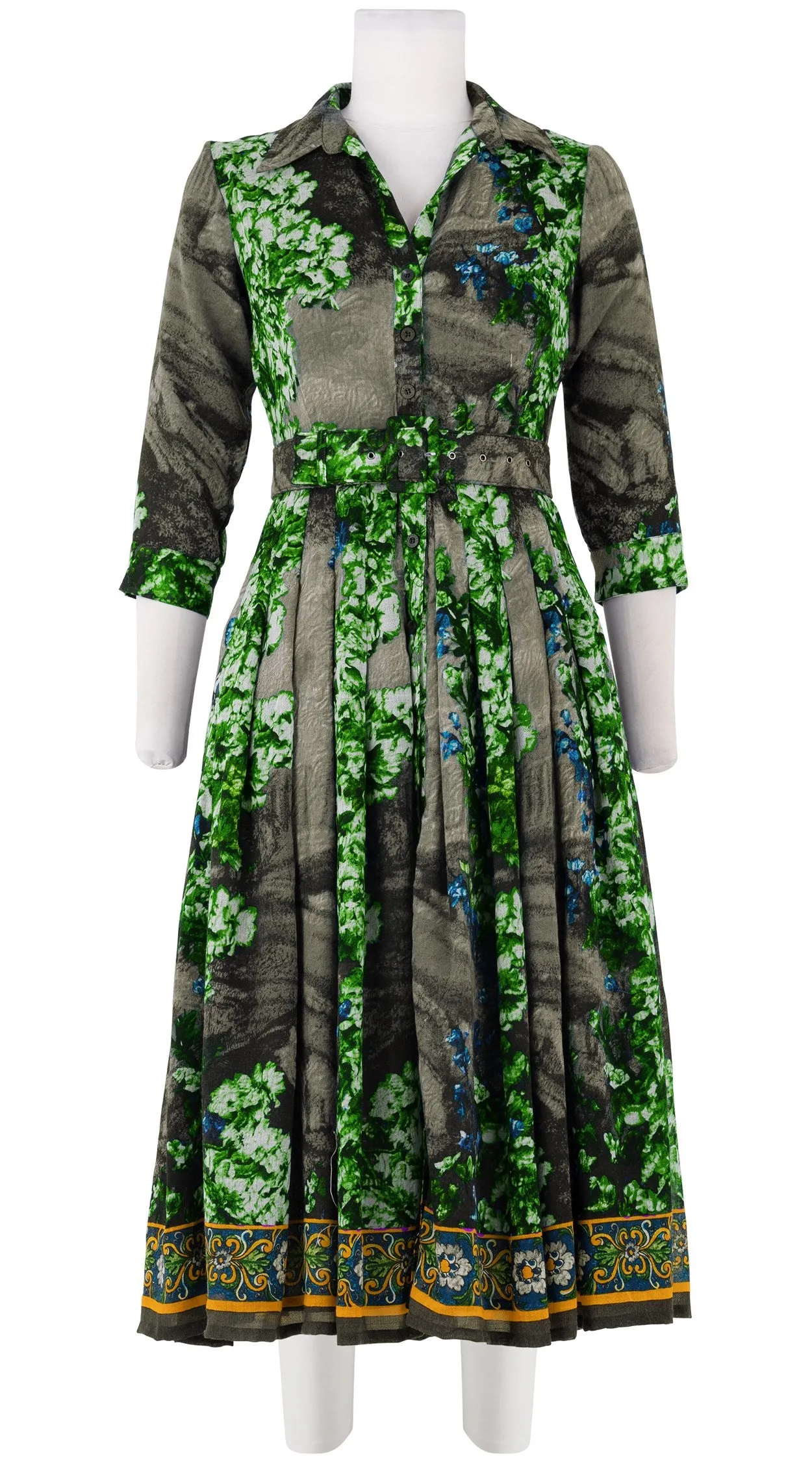 Audrey Dress #4 Shirt Collar 3/4 Sleeve Midi Length Wool Musola (Roman Dawn Border)
