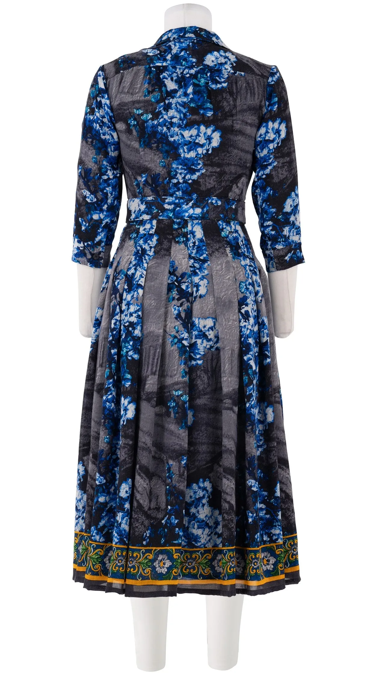 Audrey Dress #4 Shirt Collar 3/4 Sleeve Midi Length Wool Musola (Roman Dawn Border)