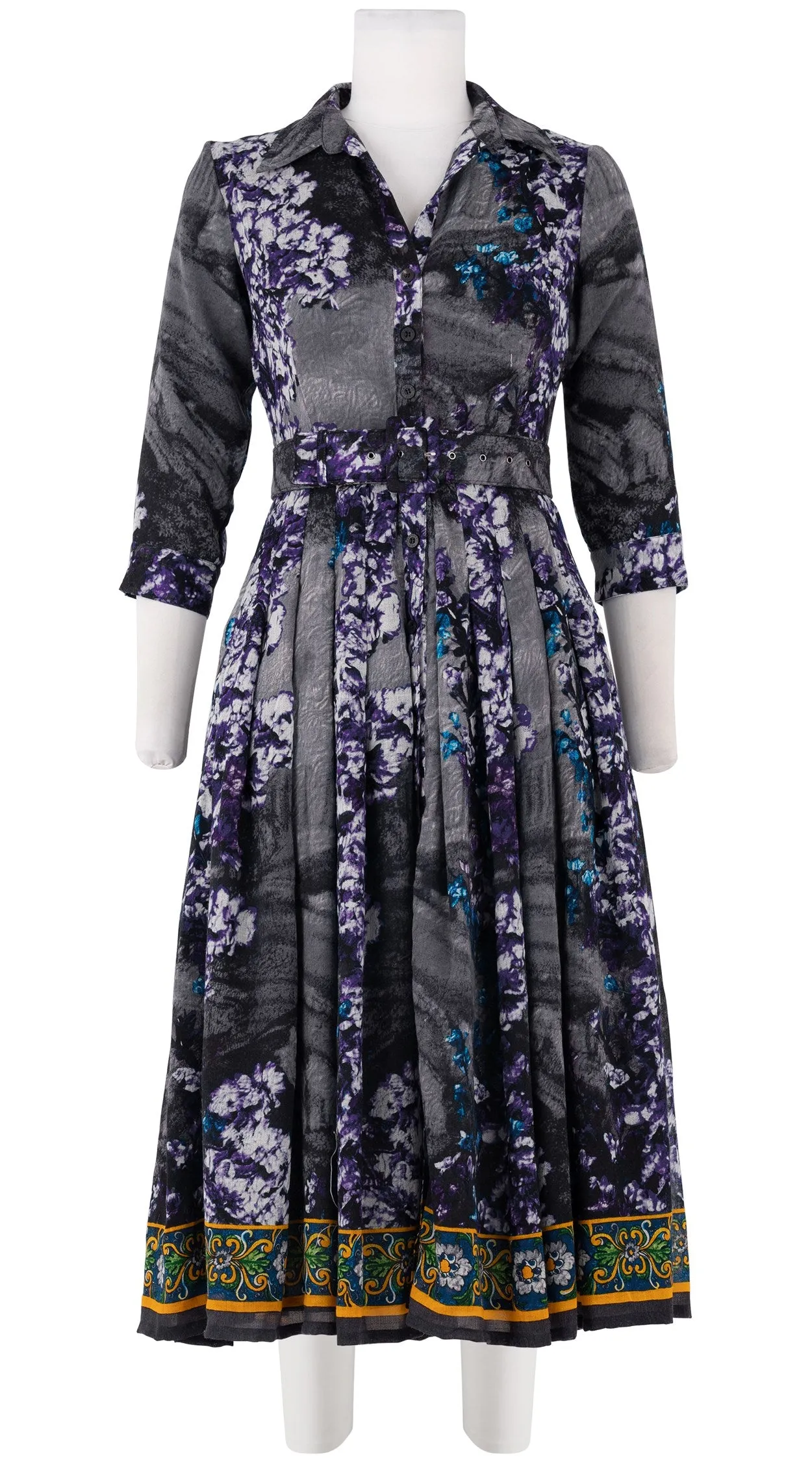 Audrey Dress #4 Shirt Collar 3/4 Sleeve Midi Length Wool Musola (Roman Dawn Border)