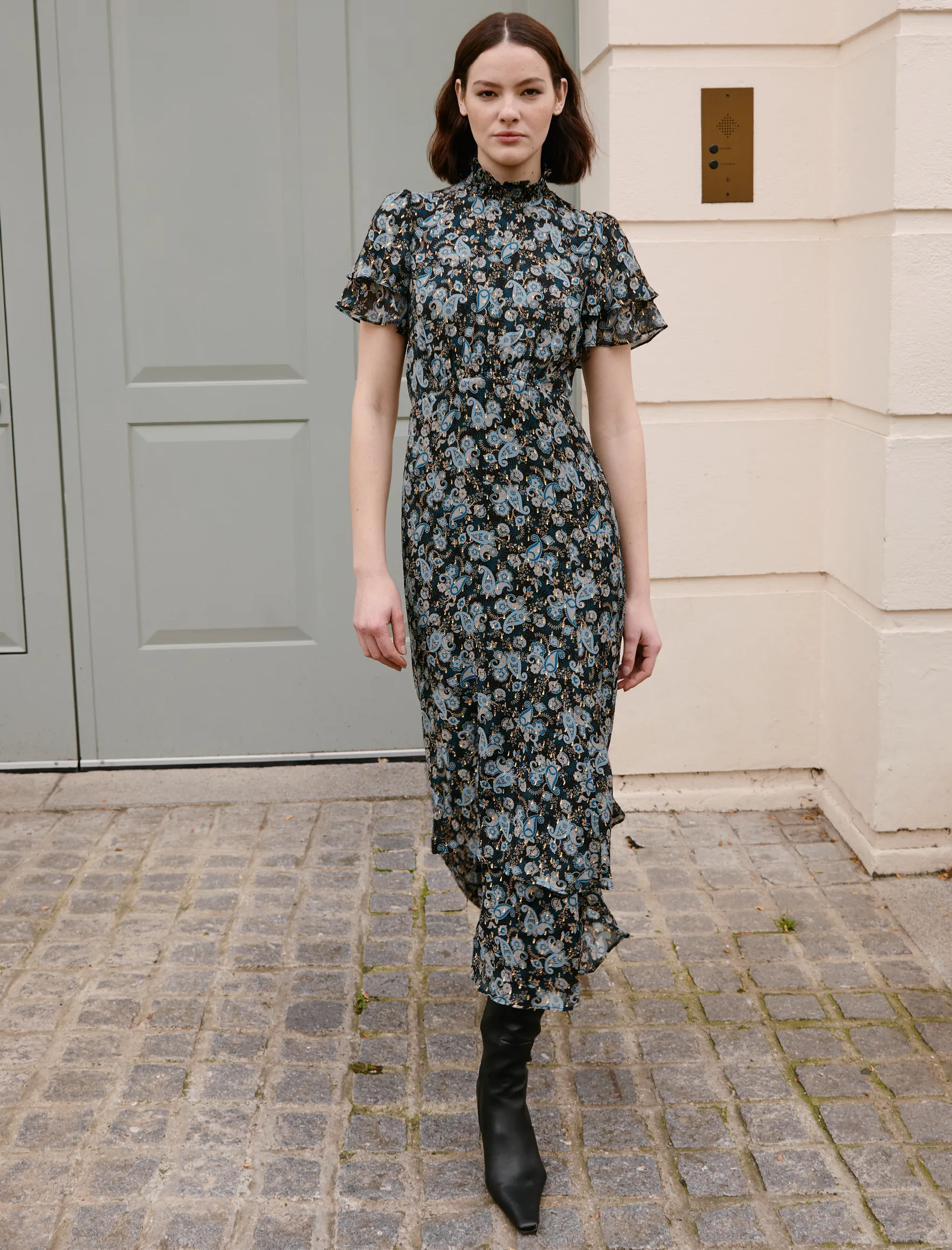 Aurelie Lurex Fil Coupé Maxi Dress - Navy Paisley Print