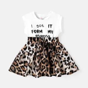 Baby Girl Cotton Cap-sleeve Letter & Leopard Print Spliced Dress