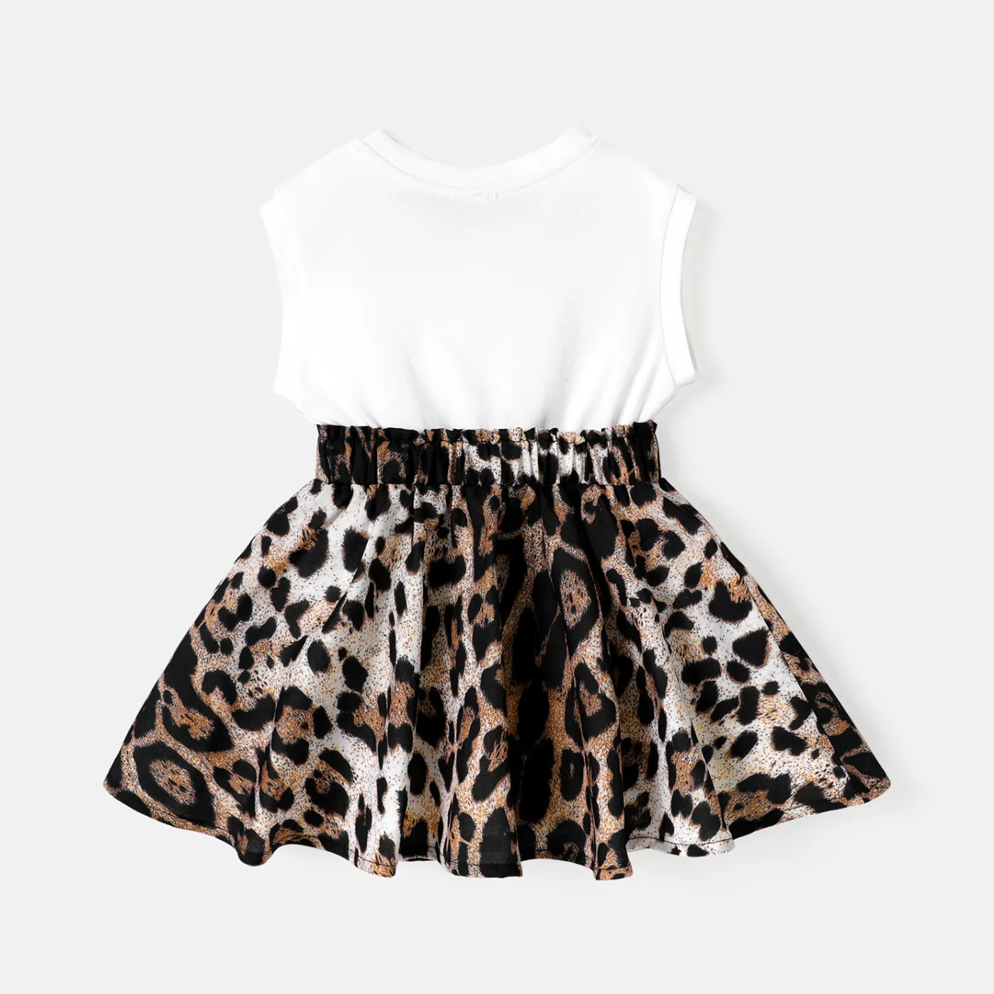 Baby Girl Cotton Cap-sleeve Letter & Leopard Print Spliced Dress