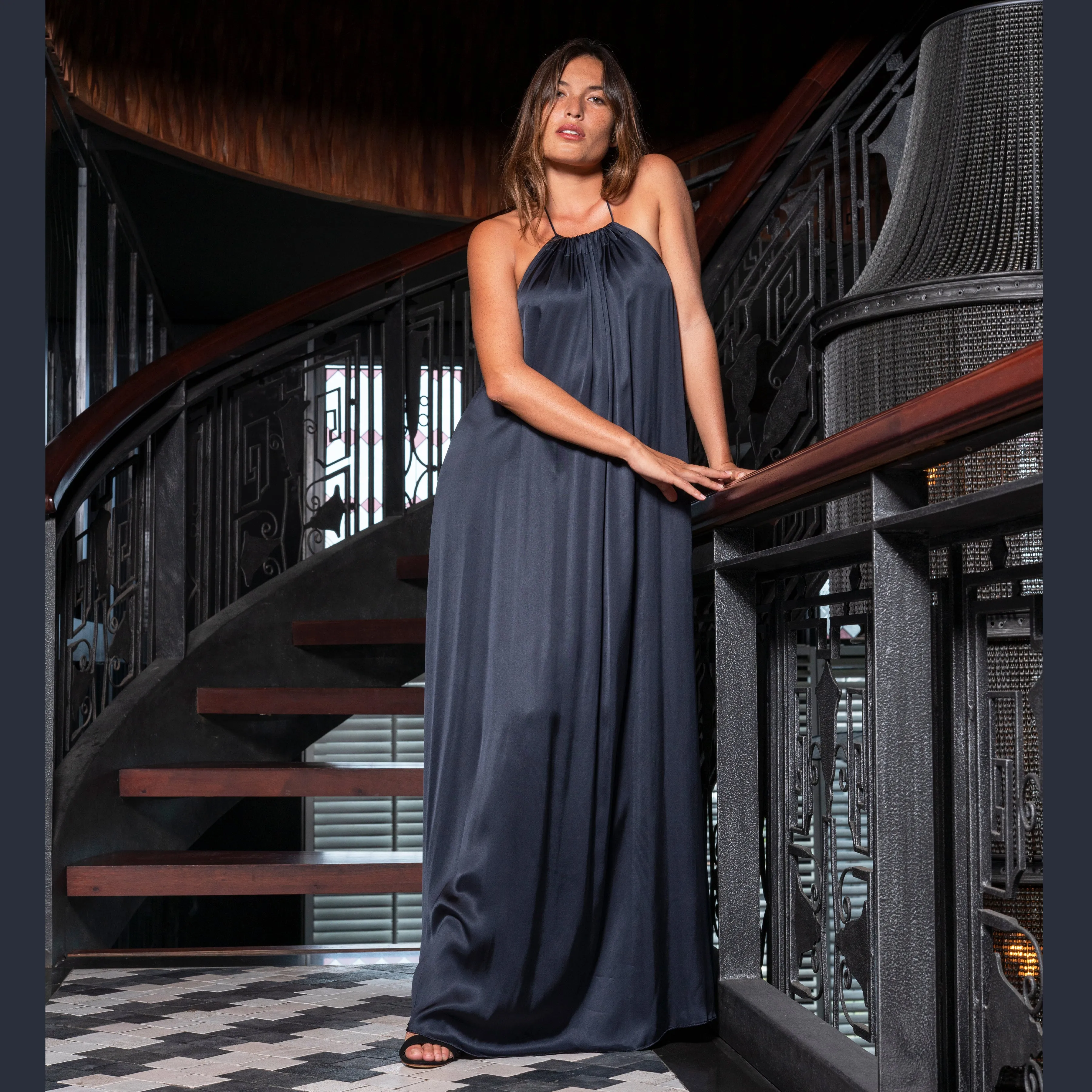 BACKLESS V LONG HALTER DRESS - Viscose Satin | Midnight Blue