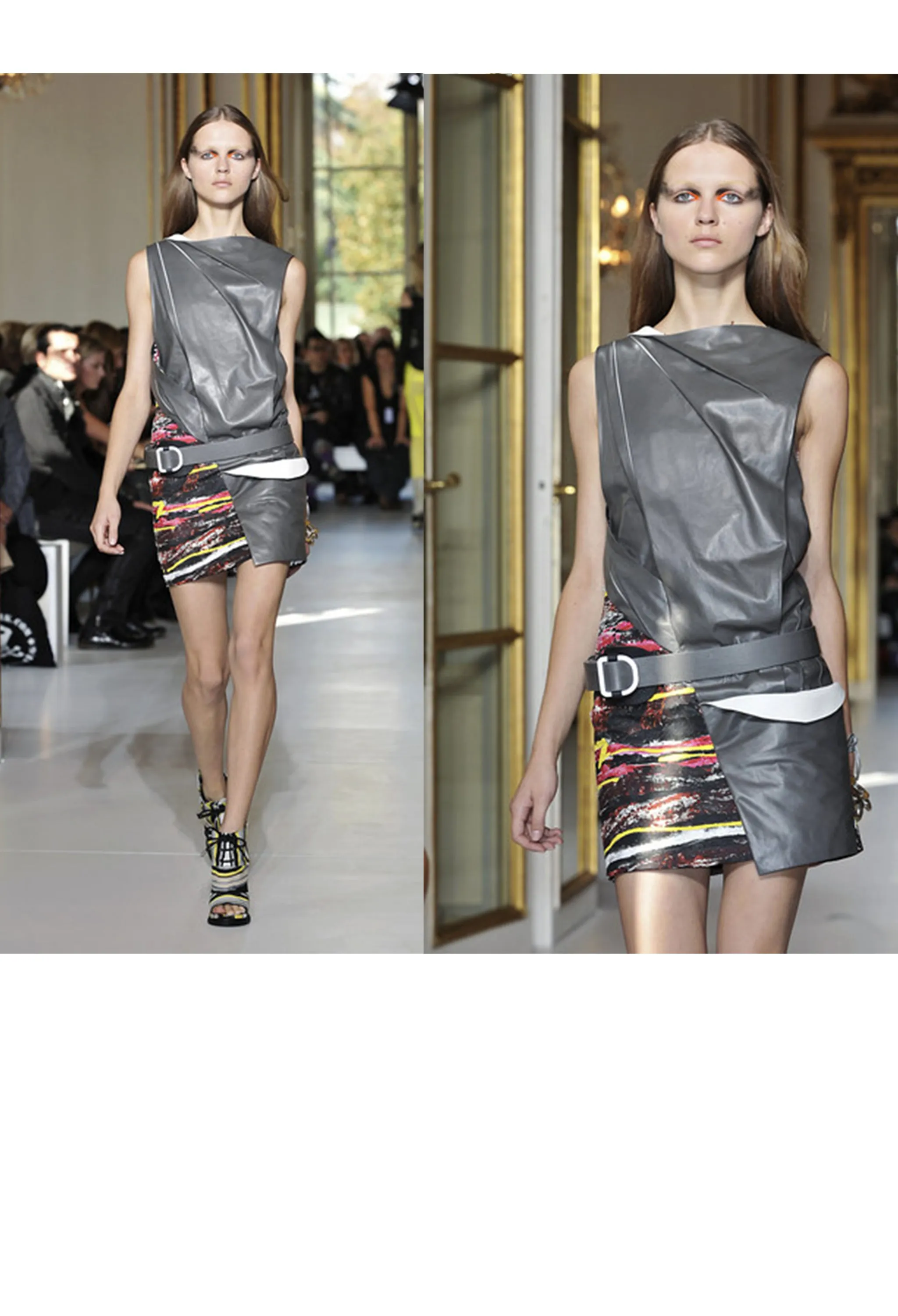 BALENCIAGA FUTURISTIC GREY LEATHER & PRINT DRESS 2010