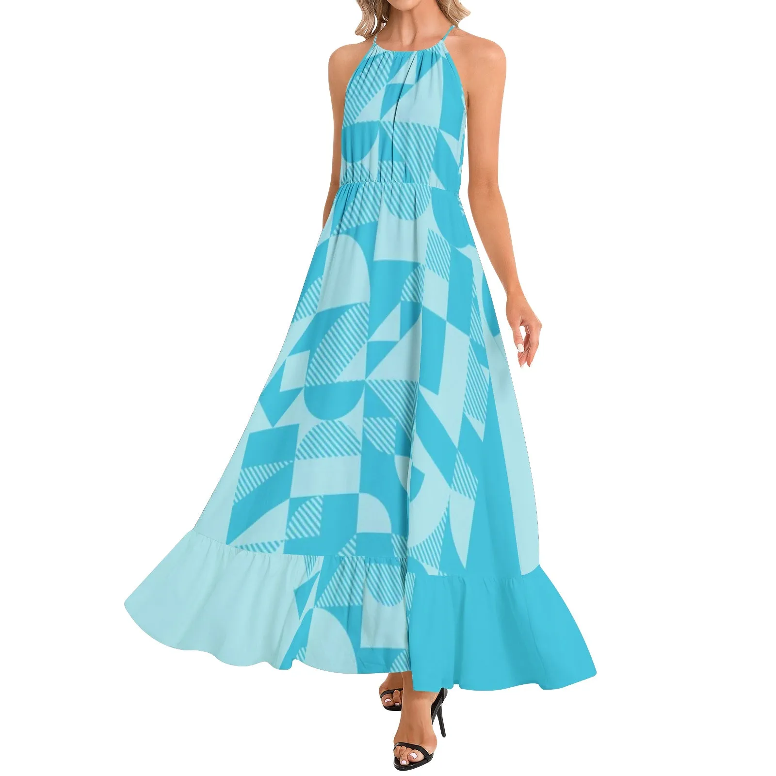 Bauhaus Blue Ruffle Hem Halter Neck Maxi Dress