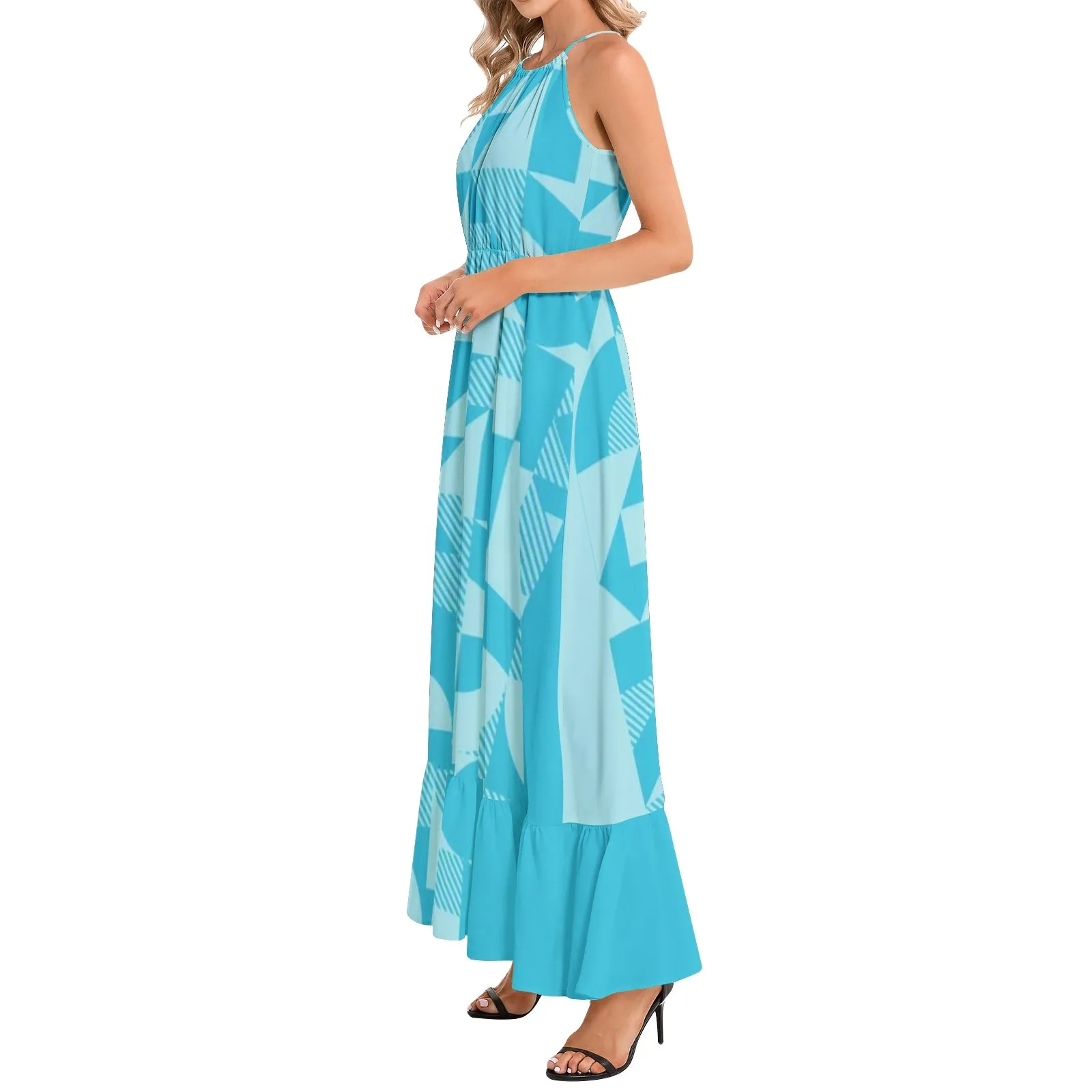 Bauhaus Blue Ruffle Hem Halter Neck Maxi Dress