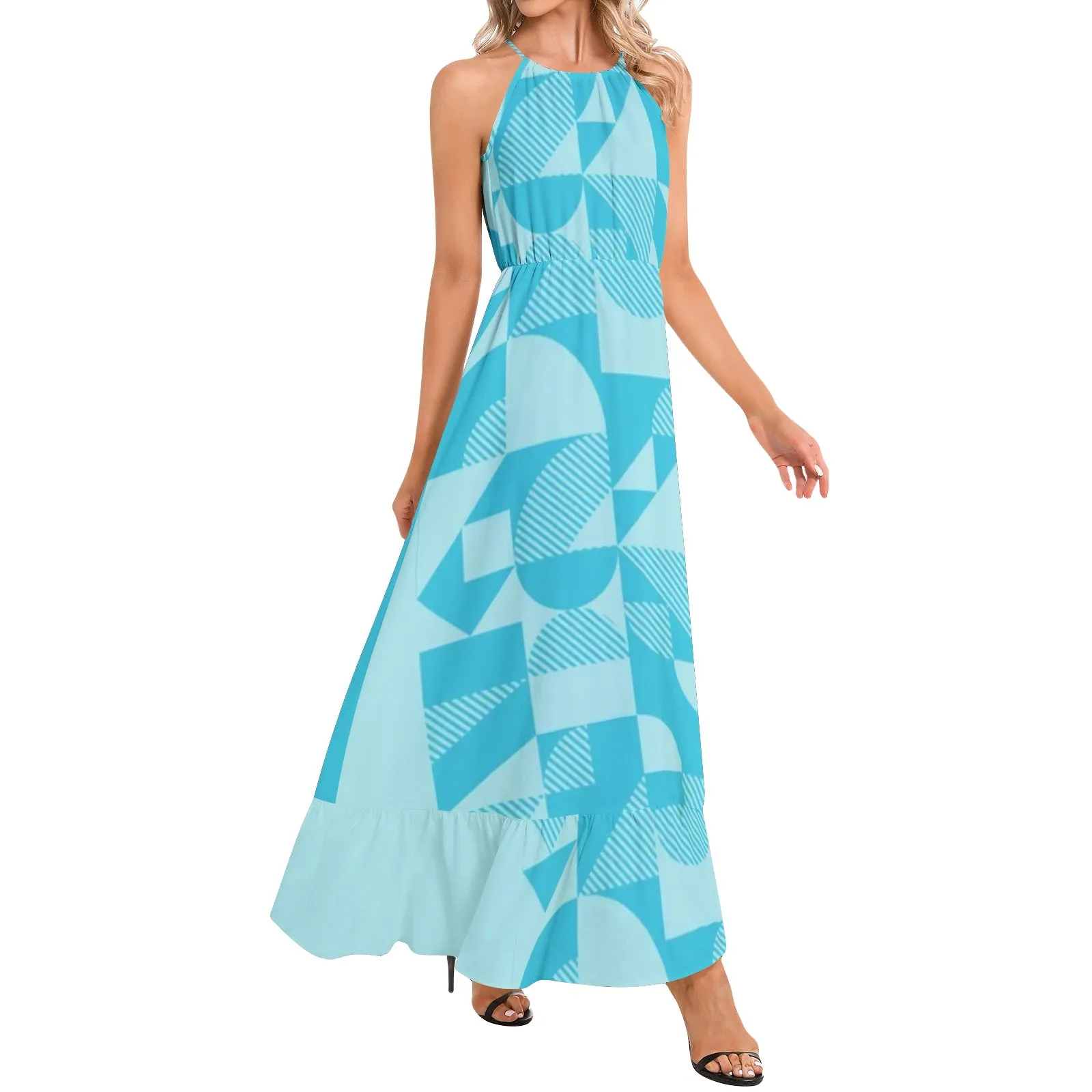 Bauhaus Blue Ruffle Hem Halter Neck Maxi Dress