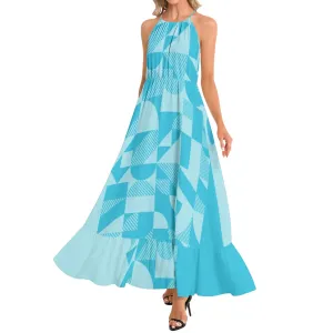 Bauhaus Blue Ruffle Hem Halter Neck Maxi Dress