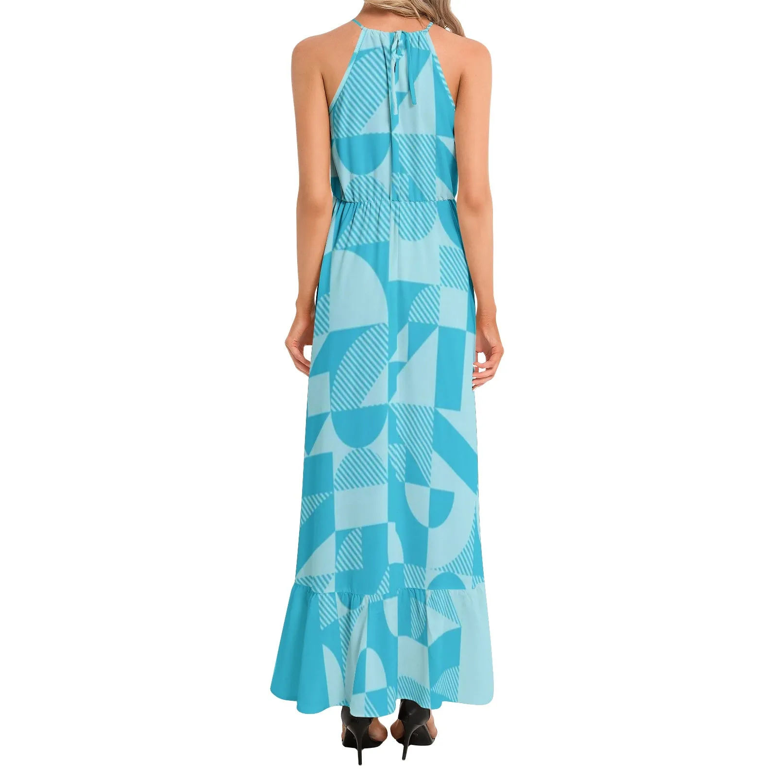 Bauhaus Blue Ruffle Hem Halter Neck Maxi Dress