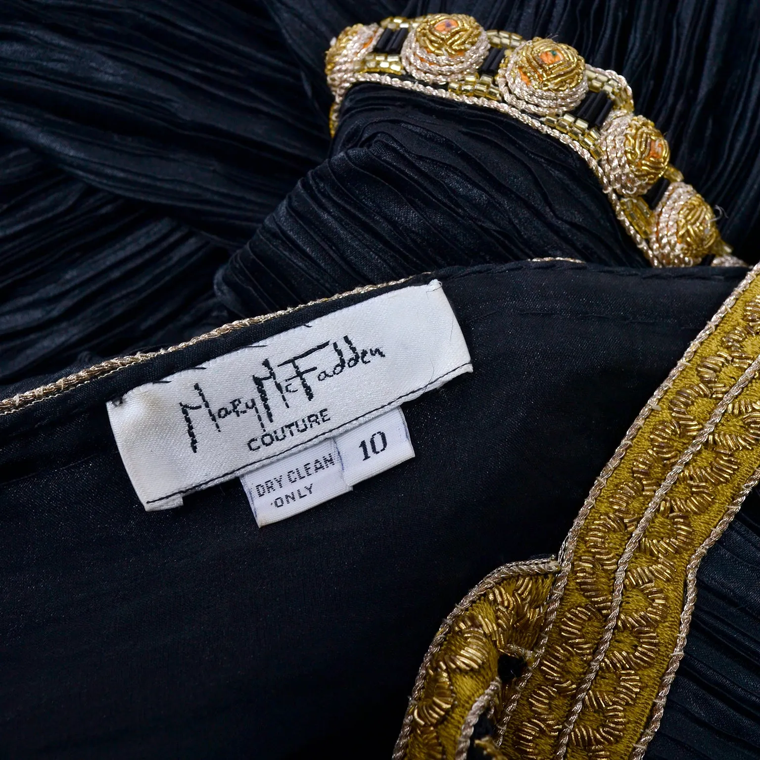 Beaded Mary McFadden Couture Black Dress w/ Gold Metallic Embroidery