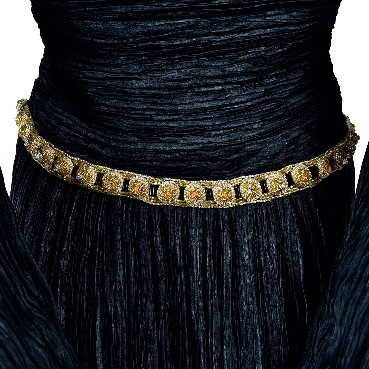 Beaded Mary McFadden Couture Black Dress w/ Gold Metallic Embroidery