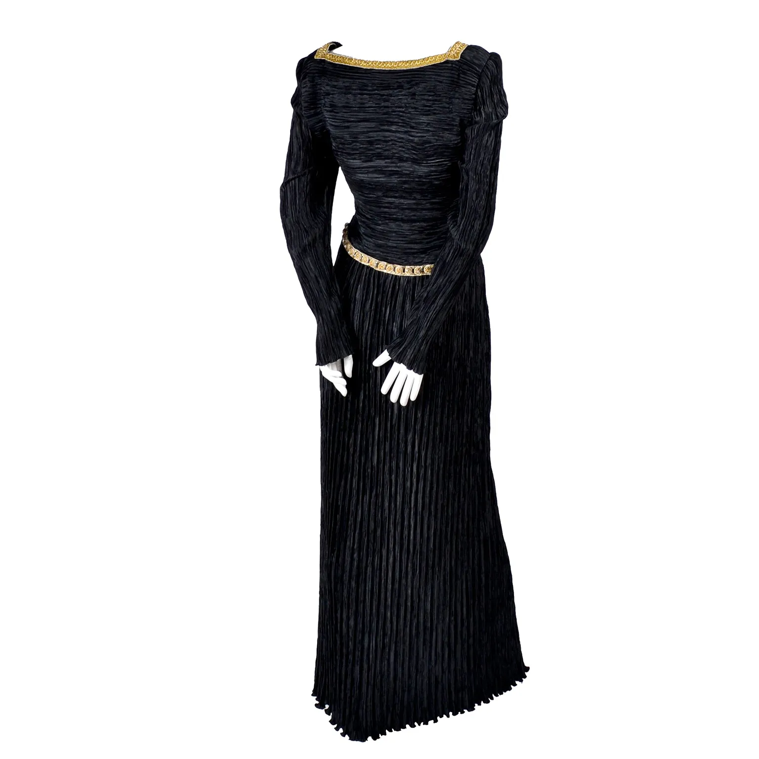 Beaded Mary McFadden Couture Black Dress w/ Gold Metallic Embroidery
