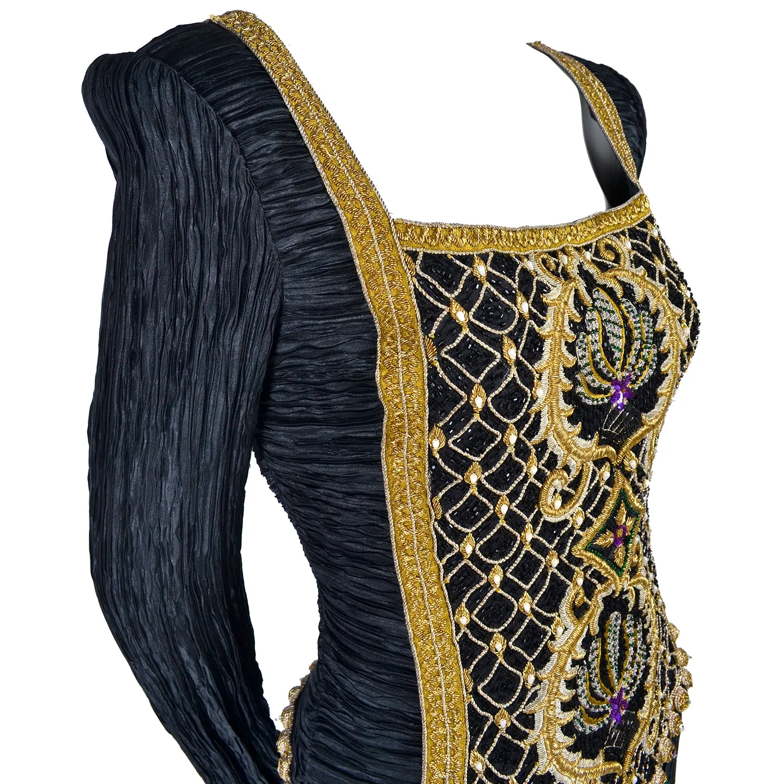Beaded Mary McFadden Couture Black Dress w/ Gold Metallic Embroidery