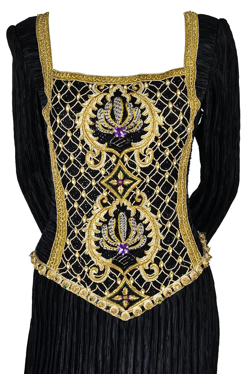 Beaded Mary McFadden Couture Black Dress w/ Gold Metallic Embroidery