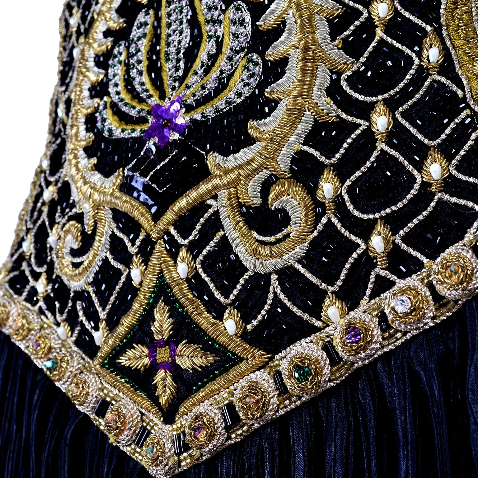 Beaded Mary McFadden Couture Black Dress w/ Gold Metallic Embroidery
