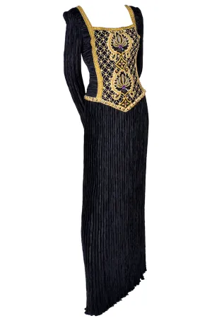 Beaded Mary McFadden Couture Black Dress w/ Gold Metallic Embroidery