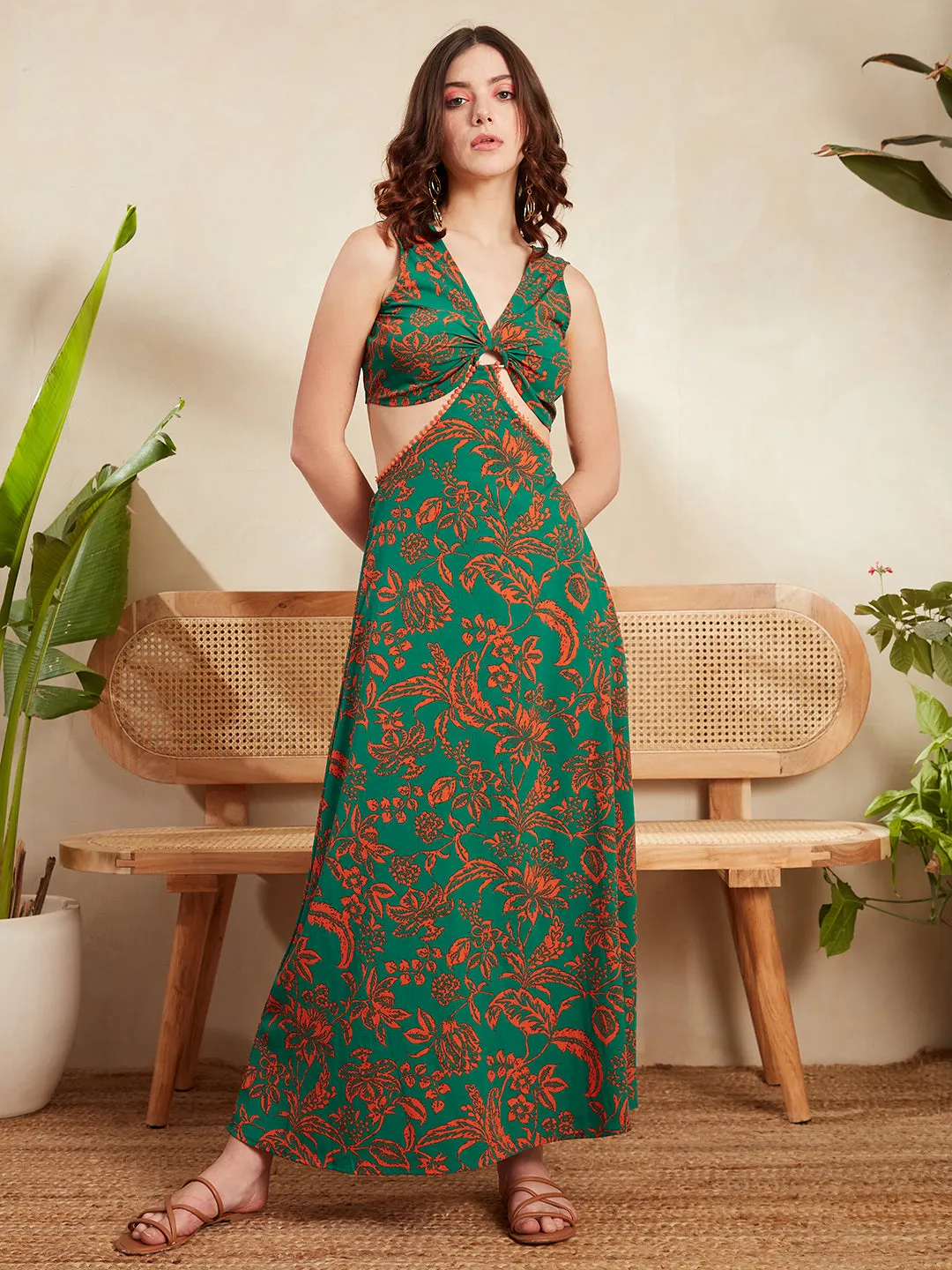 Berrylush Women Green & Orange Floral Printed V-Neck Ring Linked Cutout Tie-Up Backless Straight Hem Maxi Dress