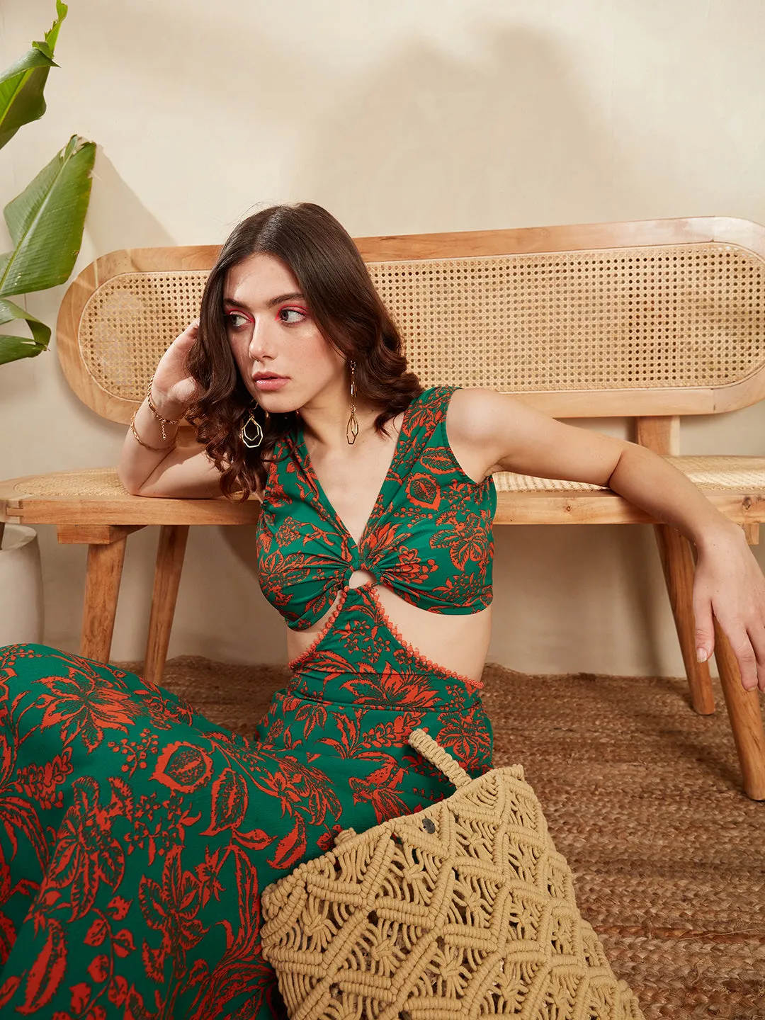 Berrylush Women Green & Orange Floral Printed V-Neck Ring Linked Cutout Tie-Up Backless Straight Hem Maxi Dress