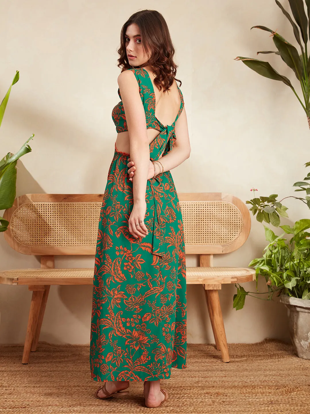 Berrylush Women Green & Orange Floral Printed V-Neck Ring Linked Cutout Tie-Up Backless Straight Hem Maxi Dress