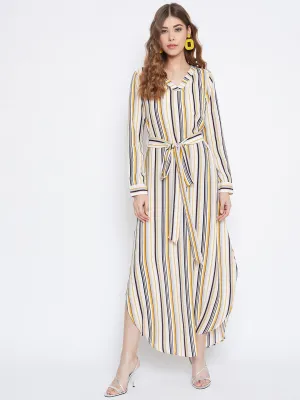 Berrylush Women Multicolour Striped Pattern V-Neck Waist Tie-Up Maxi Dress