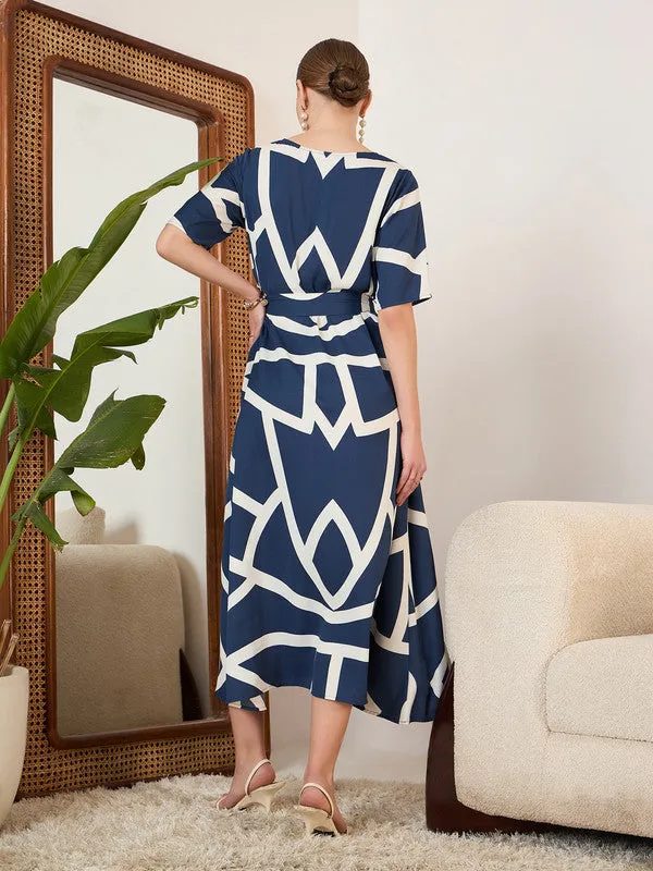 Berrylush Women Navy Blue & White Geometric Printed Round Neck Crepe Waist Tie-Up Flared Midi Dress