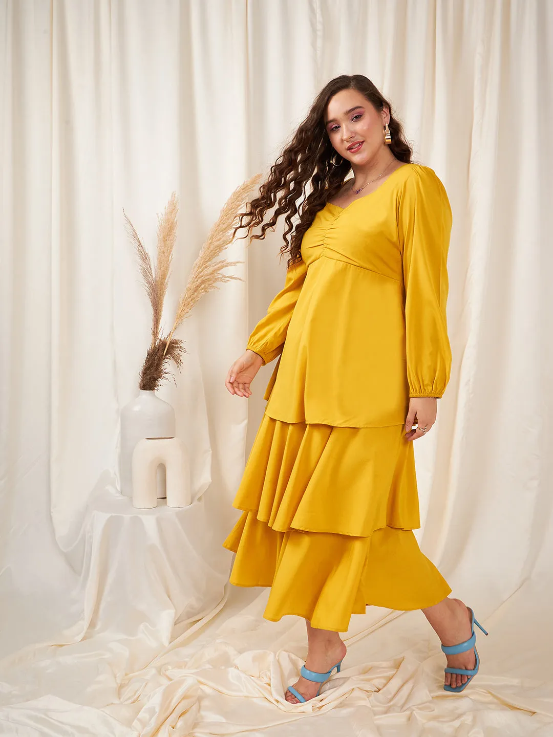 Berrylush Women Plus Size Solid Yellow Sweetheart Neck Puff Sleeve Zipper-Up Layered Maxi Dress