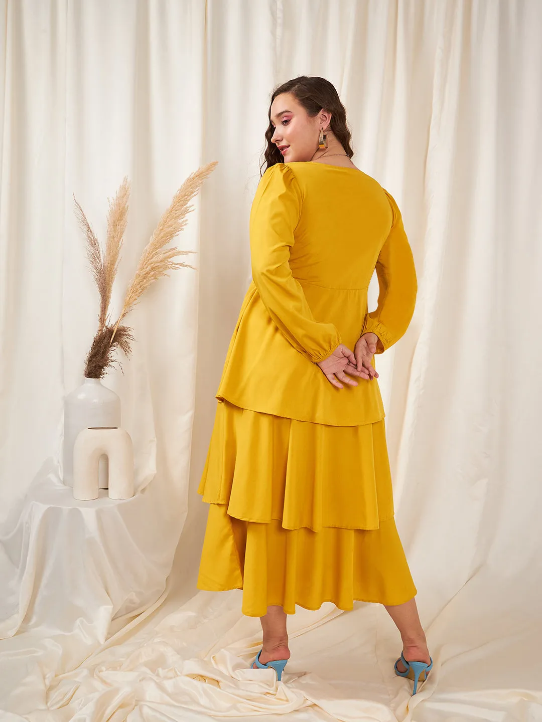 Berrylush Women Plus Size Solid Yellow Sweetheart Neck Puff Sleeve Zipper-Up Layered Maxi Dress