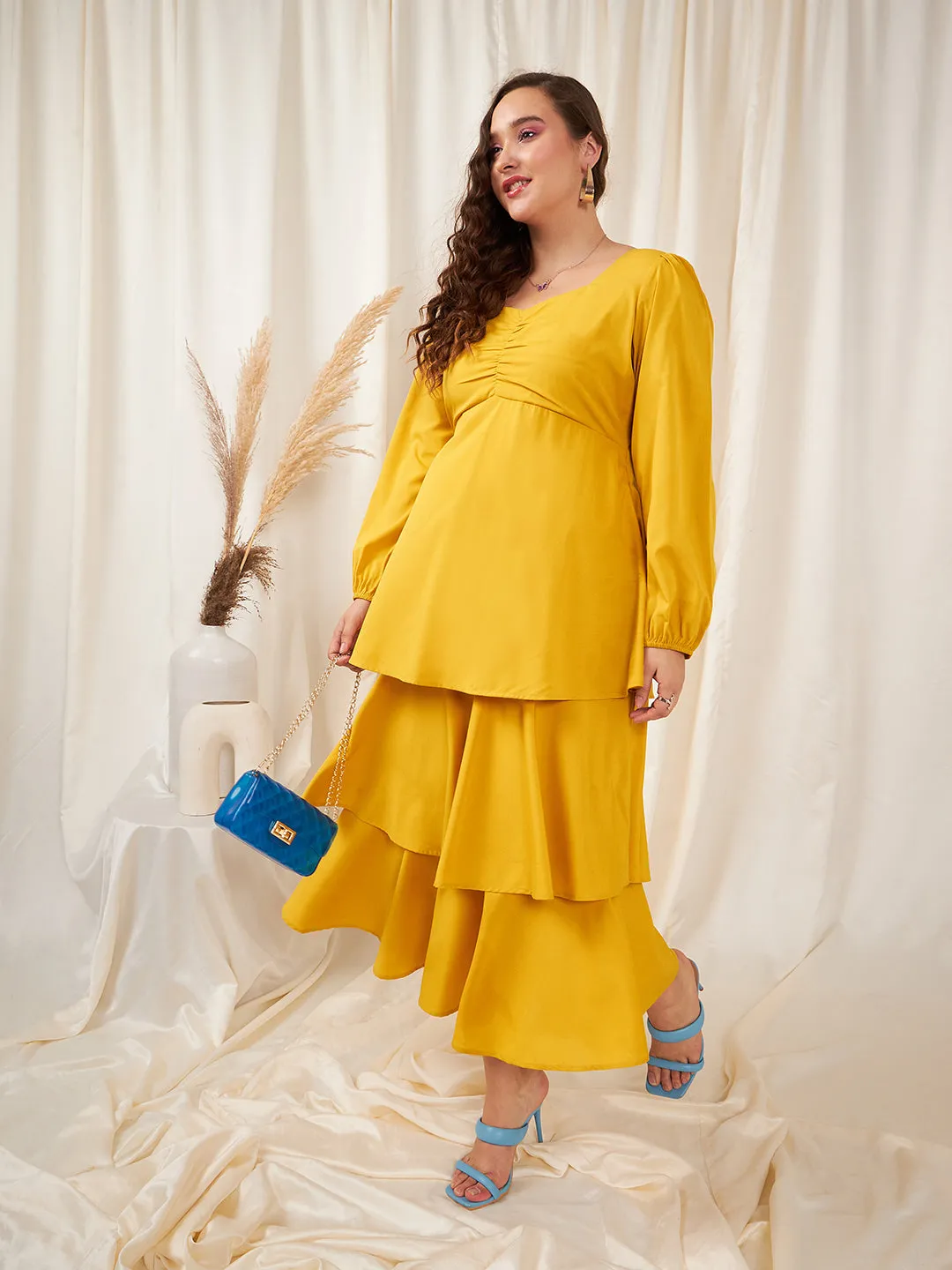 Berrylush Women Plus Size Solid Yellow Sweetheart Neck Puff Sleeve Zipper-Up Layered Maxi Dress