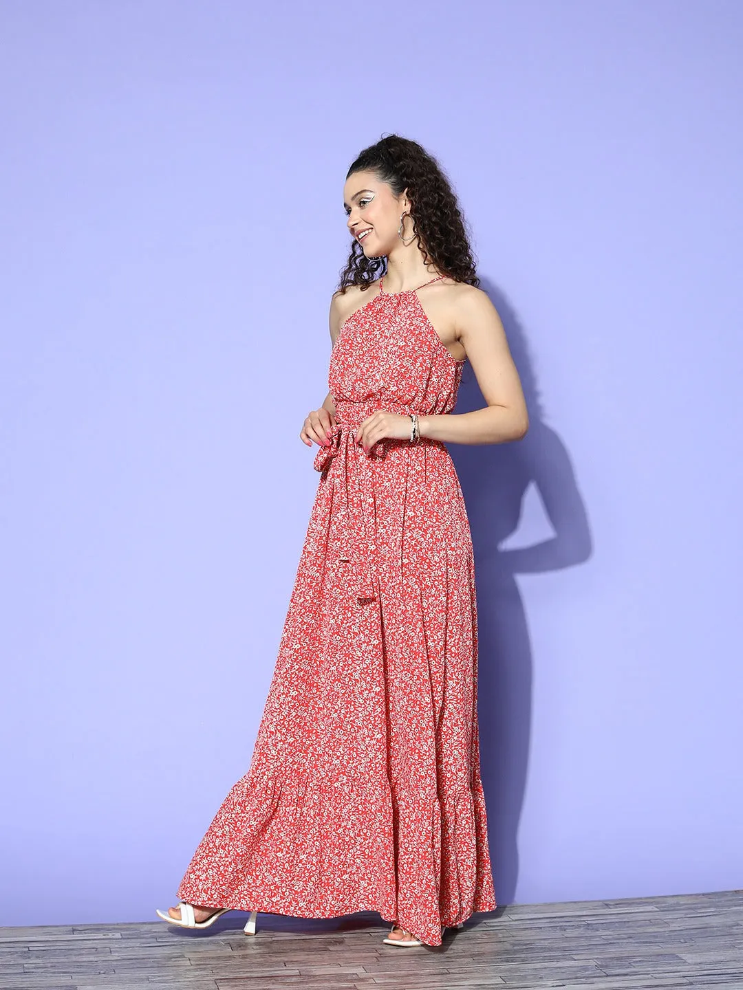 Berrylush Women Red & White Floral Printed Halter Neck Waist Tie-Up Crepe Flounce Hem Maxi Dress