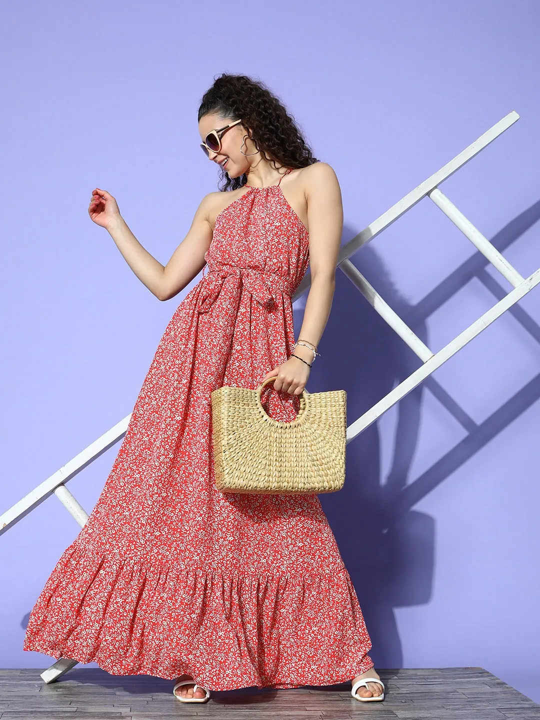 Berrylush Women Red & White Floral Printed Halter Neck Waist Tie-Up Crepe Flounce Hem Maxi Dress