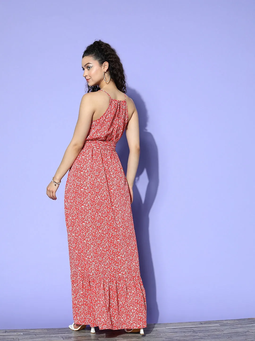 Berrylush Women Red & White Floral Printed Halter Neck Waist Tie-Up Crepe Flounce Hem Maxi Dress