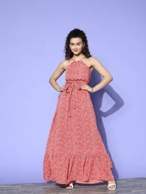 Berrylush Women Red & White Floral Printed Halter Neck Waist Tie-Up Crepe Flounce Hem Maxi Dress