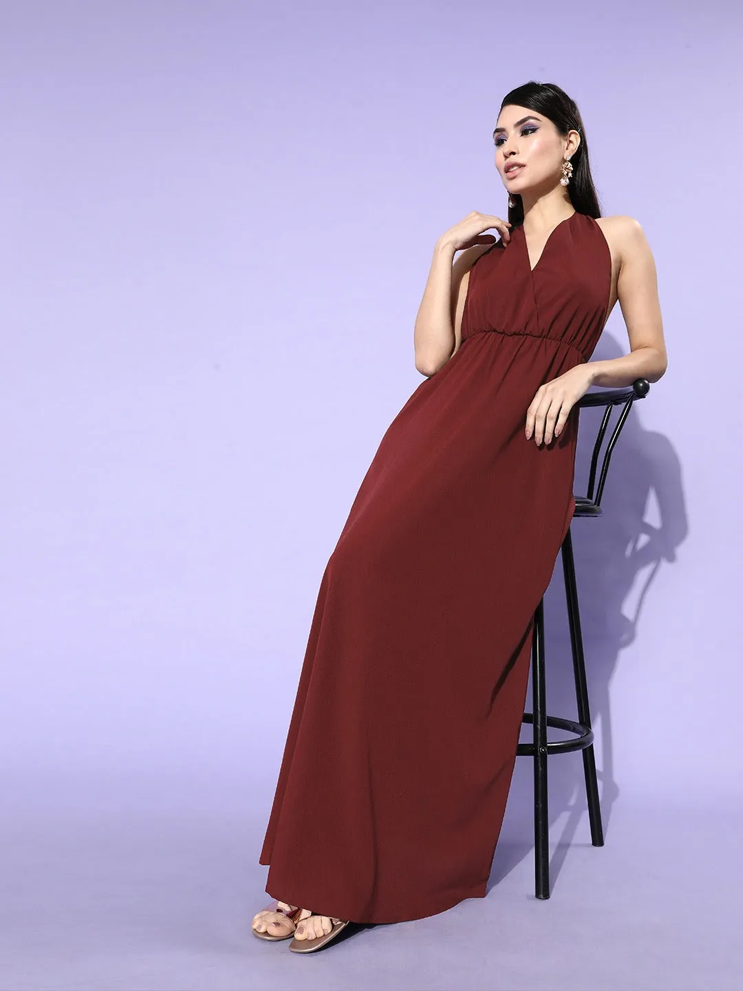 Berrylush Women Solid Maroon Halter Neck Sleeveless Crepe Maxi Dress