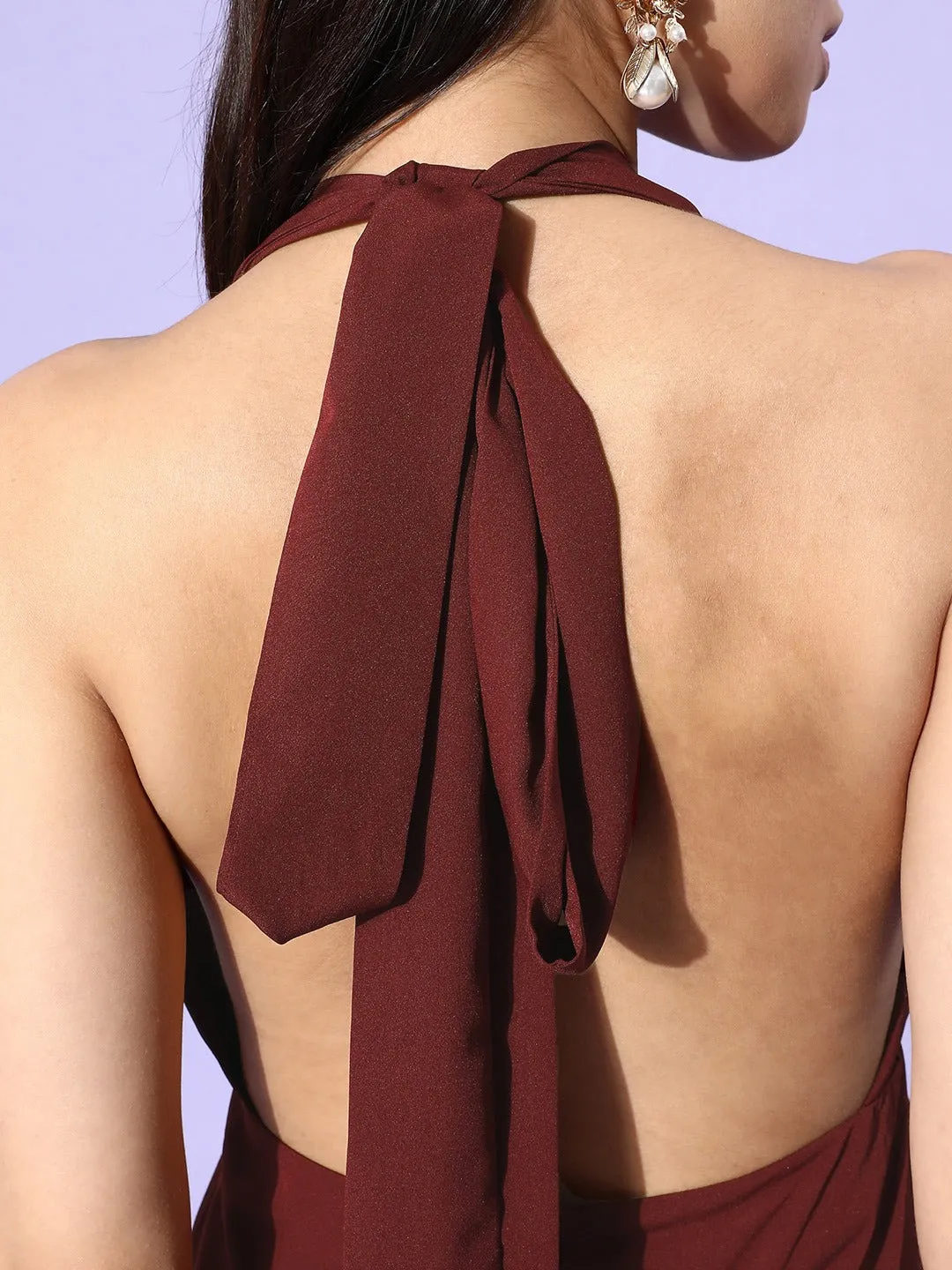 Berrylush Women Solid Maroon Halter Neck Sleeveless Crepe Maxi Dress