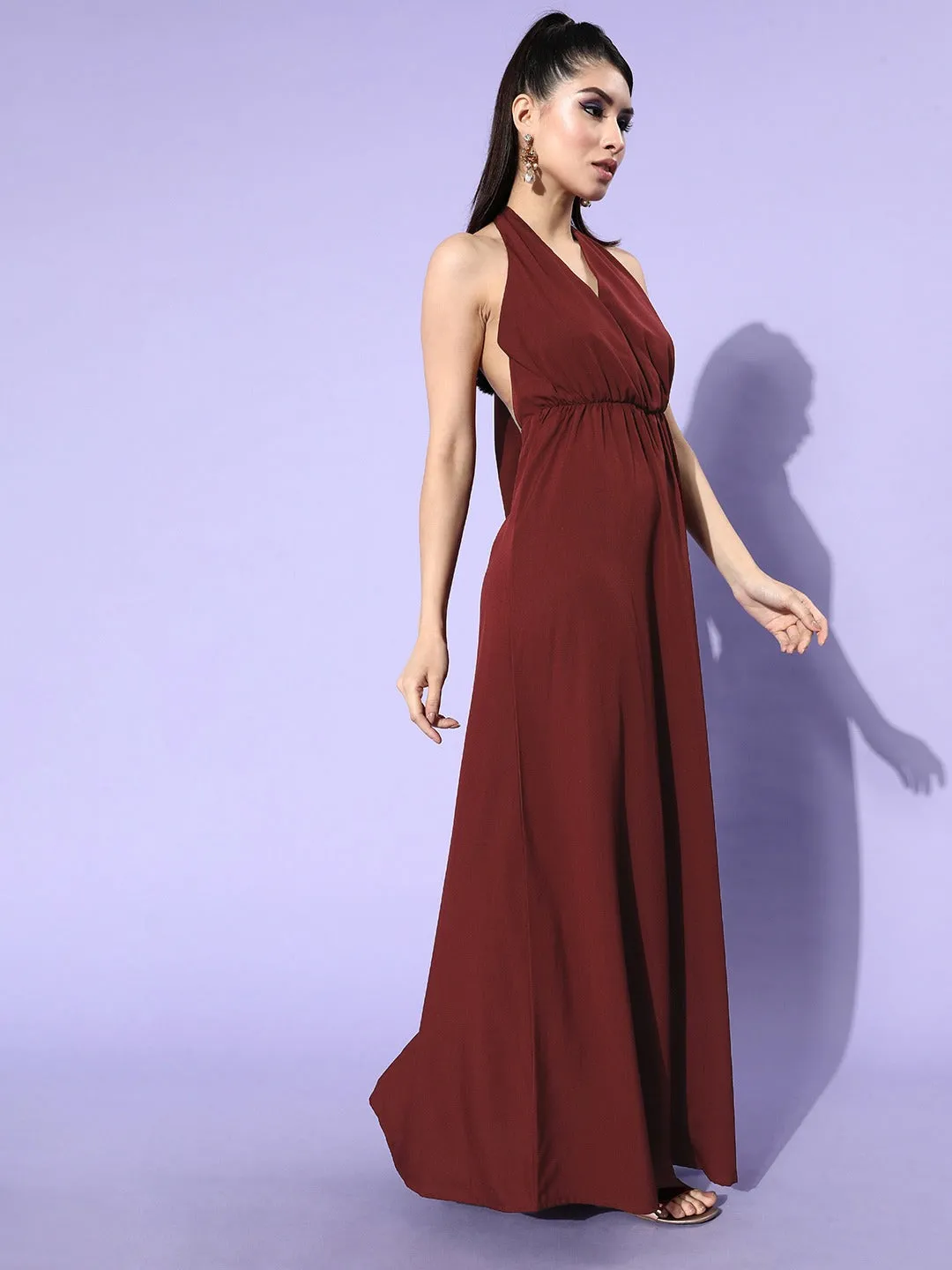 Berrylush Women Solid Maroon Halter Neck Sleeveless Crepe Maxi Dress