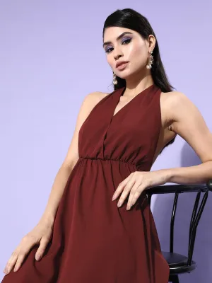 Berrylush Women Solid Maroon Halter Neck Sleeveless Crepe Maxi Dress