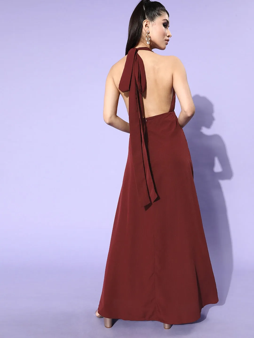 Berrylush Women Solid Maroon Halter Neck Sleeveless Crepe Maxi Dress