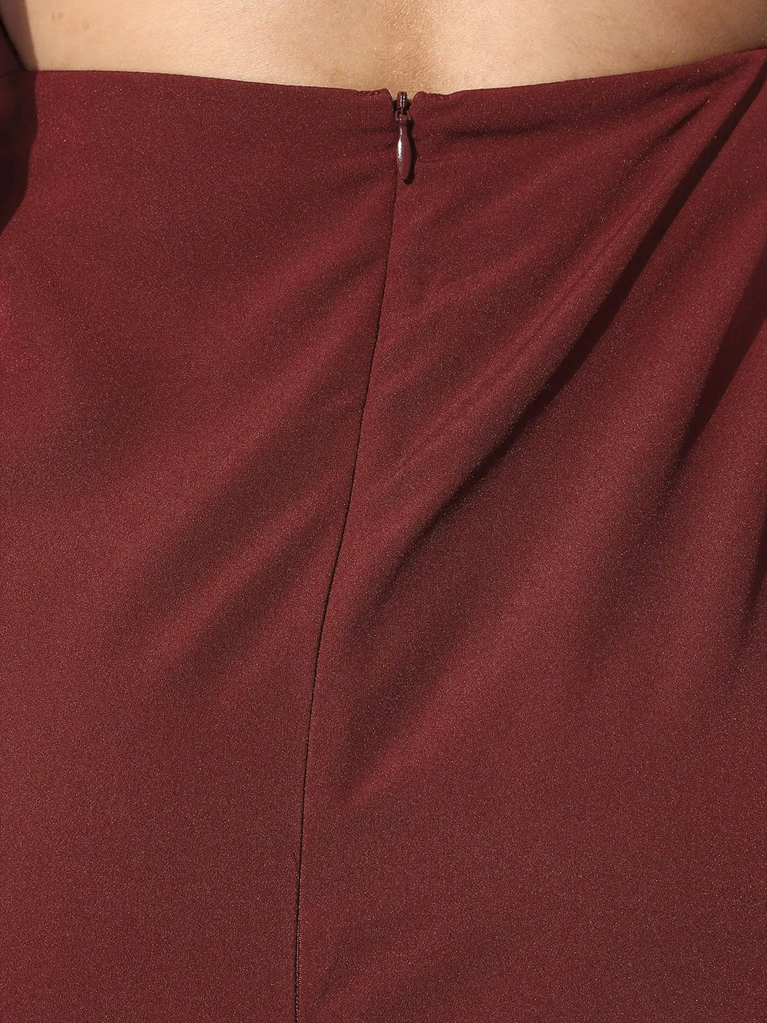 Berrylush Women Solid Maroon Halter Neck Sleeveless Crepe Maxi Dress