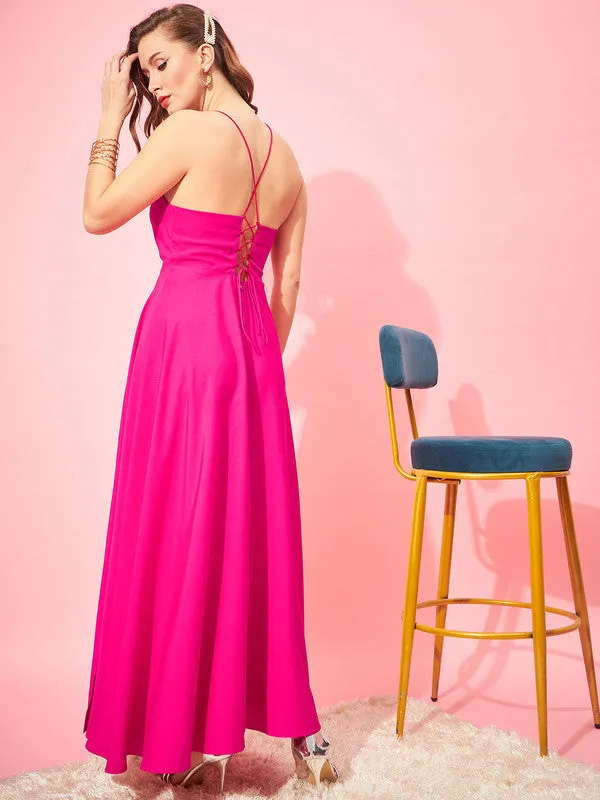 Berrylush Women Solid Pink Cowl Neck Sleeveless Lace-Up Backless Thigh-High Slit Flared Maxi Dress