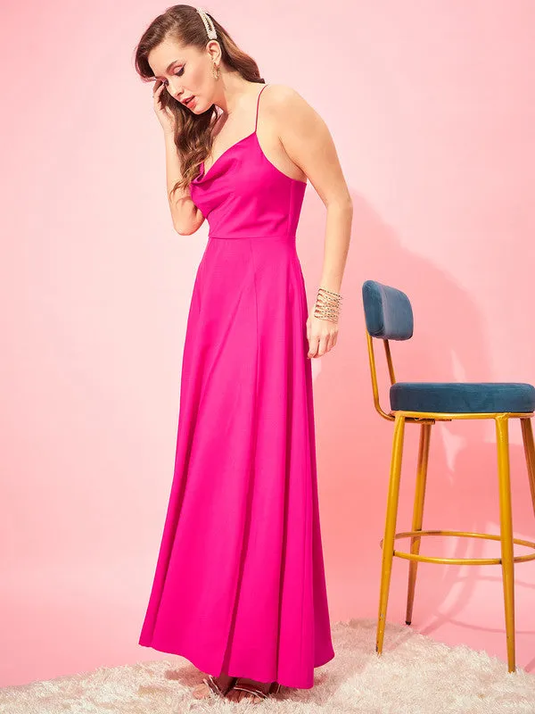 Berrylush Women Solid Pink Cowl Neck Sleeveless Lace-Up Backless Thigh-High Slit Flared Maxi Dress