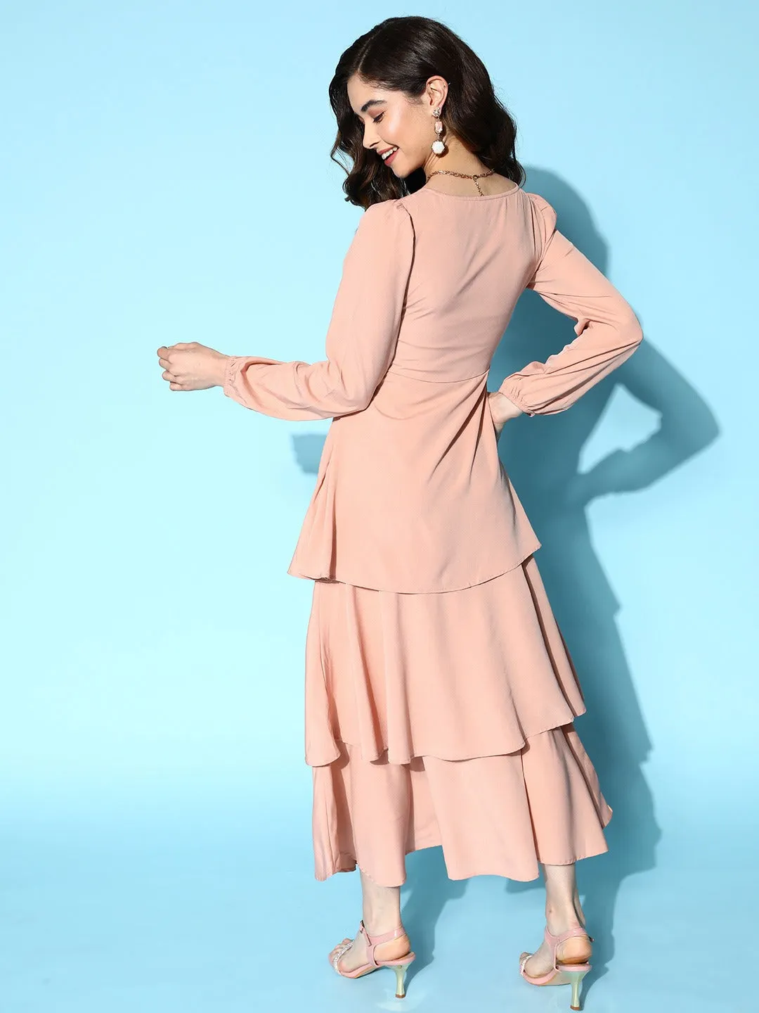 Berrylush Women Solid Pink Sweetheart Neck Puff Sleeve Flounce Tiered A-Line Maxi Dress