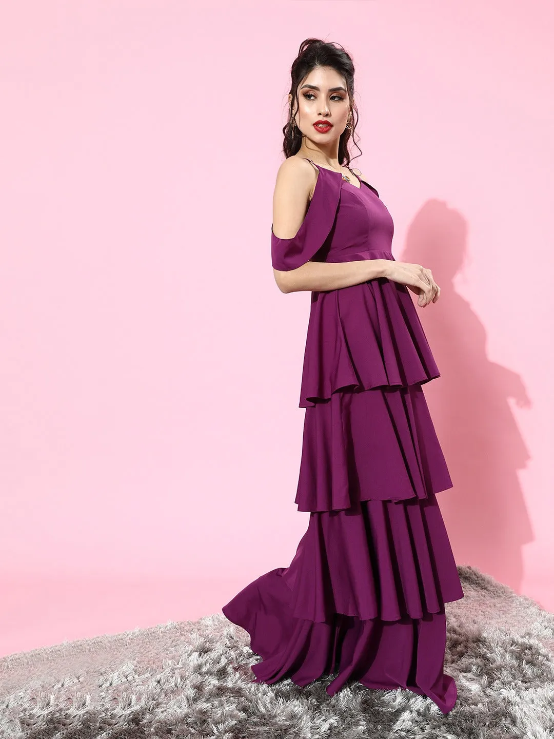 Berrylush Women Solid Purple V-Neck Crepe Layered Maxi Dress