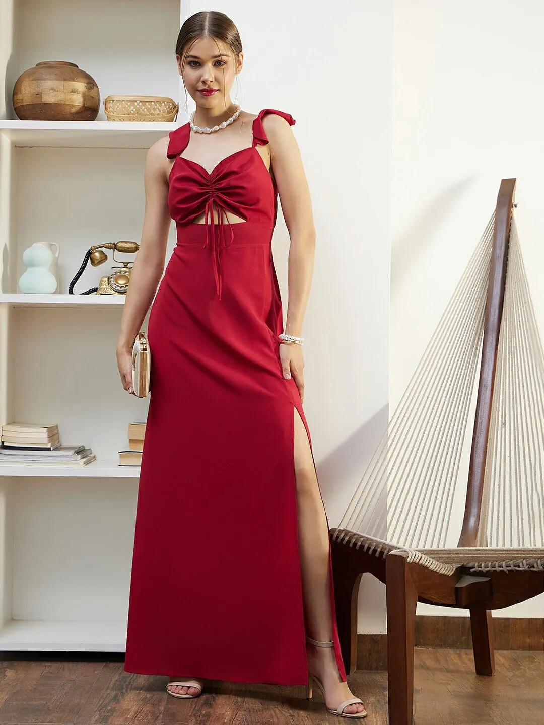 Berrylush Women Solid Red Sweetheart Neck Cut-Out Tie-Up Thigh-High Slit Straight Hem Maxi Dress