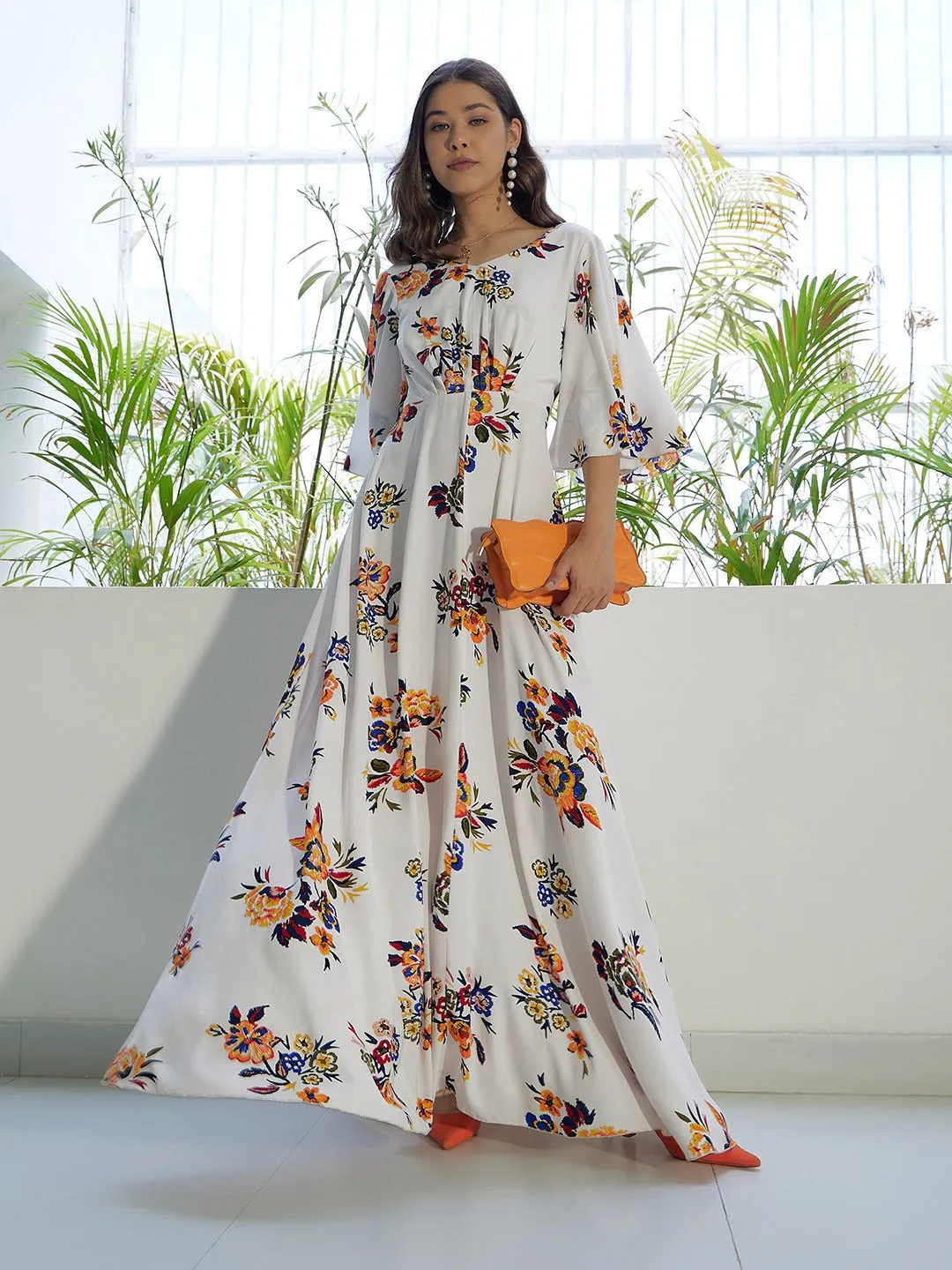 Berrylush Women White & Orange Floral Printed V-Neck Bell Sleeves Flared Maxi Dress