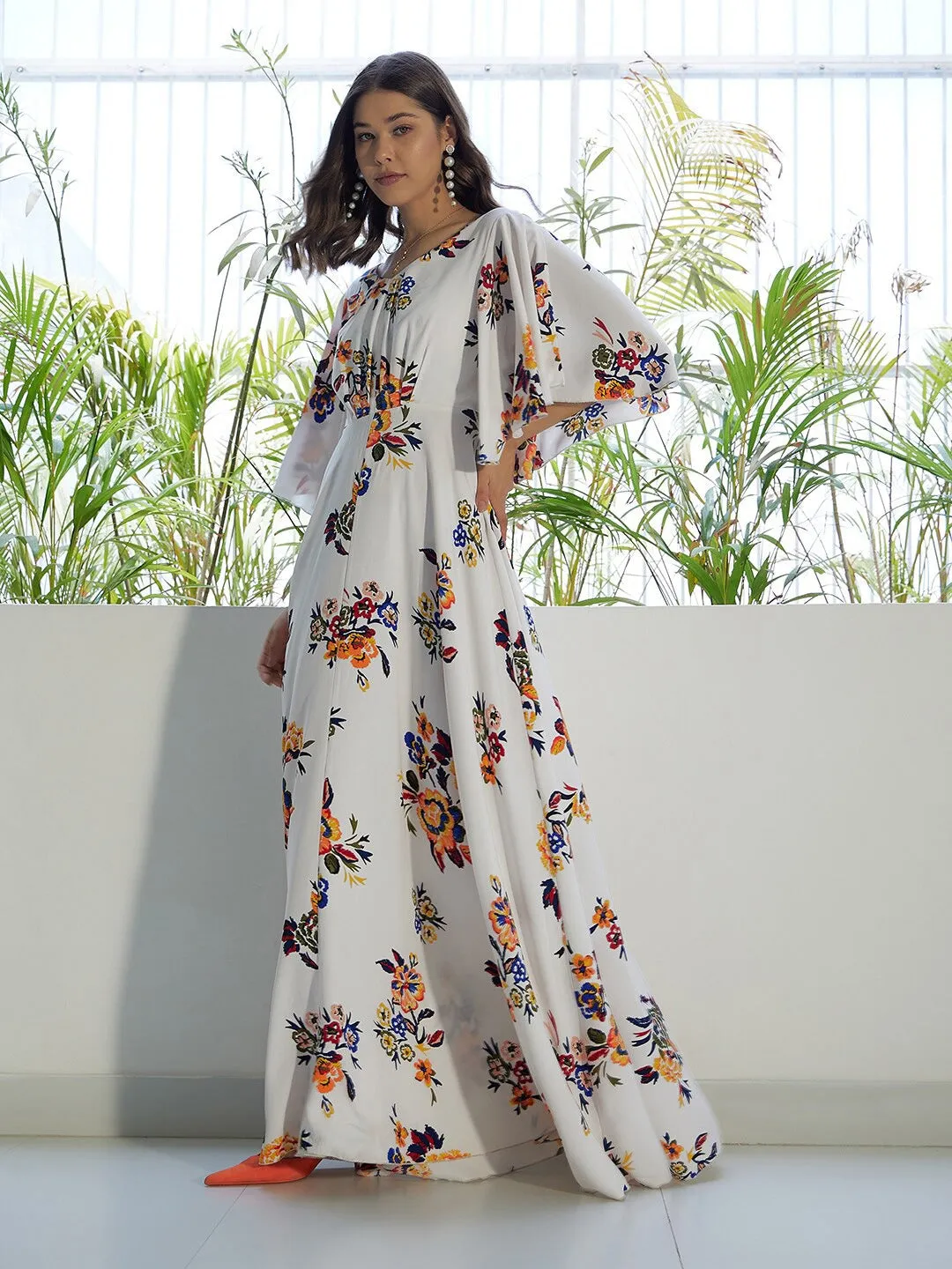 Berrylush Women White & Orange Floral Printed V-Neck Bell Sleeves Flared Maxi Dress