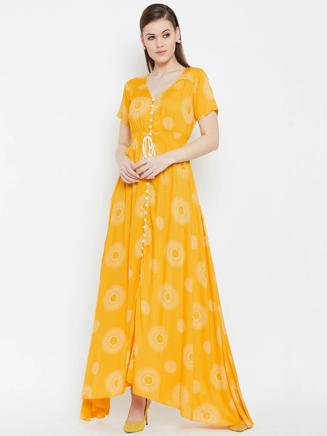 Berrylush Women Yellow & White Geometric Printed V-Neck Crepe Smocked Maxi Dress